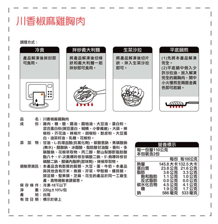 川香椒麻雞胸肉調理方式:冷食解凍後拆封即可食用。拌炒義大利將產品解凍後切條狀和義大利麵一起拌炒即可食用。生菜沙拉將產品解凍後切片狀,拌入生菜沙拉即可。平底鍋煎(1)先將本產品解凍完全。(2)平底鍋中倒入少許沙拉油,放入解凍完全的雞胸肉,開中小火慢煎至兩面金黃色即可起鍋。品 名:川香椒麻雞胸肉份:雞肉糖鹽、醬油、柚油、大豆油、蛋白粉、混合蛋白粉(豌豆蛋白、糊精、小麥纖維)、大蒜、辣椒粉、芥花油、辣椒片、胡椒粉、粉、大豆蛋白、油菜籽油、乳糖、花椒粉。添加物:甘油、L-抗壞血酸(抗氧化劑)、碳酸氫鈉、焦磷酸鈉(無水)、醋酸鈉、冰醋酸、脂肪酸甘油酯、香料、多磷酸鈉、花椒萃取物、丙二醇、聚山梨醇酐脂肪酸酯八十、5'-次黃嘌呤核苷磷酸二鈉、5'-鳥嘌呤核苷磷酸二鈉、醋磺內酯鉀(甜味劑)、辣椒萃取物。營養標示每一份量110公克 本包裝含2份每份 每100公克過敏原資訊:本產品含有的穀類、大豆、蛋、牛奶。本產品與其他含有芥末、魚類、芹菜、甲殼類、螺貝類、頭足類、堅果類、芝麻、花生的產品於同一工廠生產、食物過敏者請留意。熱量蛋白質145.8大卡132.5大卡23.8公克21.6公克 脂肪3.6公克3.3公克飽和脂肪1.1公克1.0公克反式脂肪0.0公克0.0公克保存條件:冷凍-18以下碳水化合物4.5公克4.1公克淨重:220g±10%/包糖1.9公克1.7公克產地:台灣鈉586毫克533毫克有效日期:標示於袋上