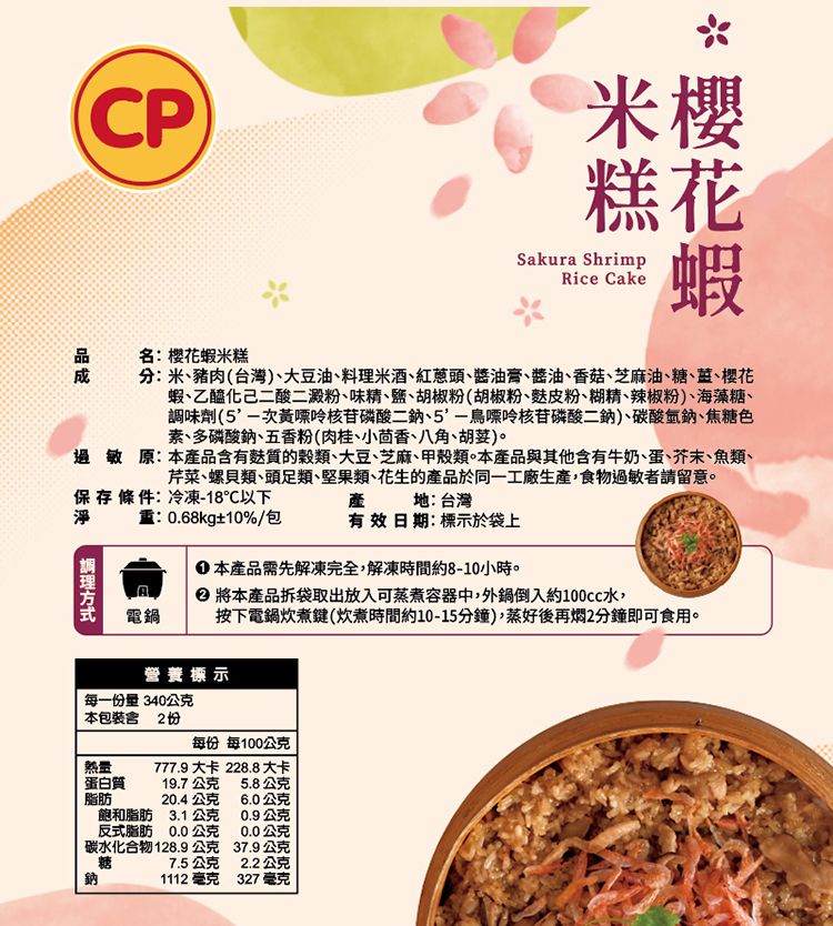 CP米櫻糕花Sakura ShrimpRice Cake名:櫻花蝦米糕分:米豬肉(台灣)大豆油、料理米酒、紅蔥頭、醬油膏、醬油、香菇、芝麻油、糖、、櫻花、蝦、乙醯化己二酸二澱粉、味精、鹽、胡椒粉(胡椒粉、皮粉、糊精、辣椒粉)、海藻糖、調味劑(次黃嘌呤核苷磷酸二鈉、核苷磷酸二鈉)、碳酸氫鈉、焦糖色素、多磷酸鈉、五香粉(肉桂、小茴香、八角、胡荽)。過敏原:本產品有麩質的穀類、大豆、芝麻、甲殼類。本產品與其他含有牛奶、蛋、芥末、魚類、芹菜、螺貝類、頭足類、堅果類、花生的產品於同一工廠生產,食物過敏者請留意。保存條件:冷凍-18℃以下淨產地:台灣:0.68kg±10%/包有效日期:標示於袋上方式電鍋本產品需先解凍完全,解凍時間約8-10小時。 將本產品拆袋取出放入可蒸煮容器中,外鍋倒入約100cc水,按下電鍋炊煮鍵(炊煮時間約10-15分鐘),蒸好後再燜2分鐘即可食用。營養標示每一份量340公克本包裝含2份每份 每100公克熱量777.9大卡 228.8大卡蛋白質19.7公克5.8公克脂肪20.4公克6.0公克飽和脂肪 3.1 公克0.9公克反式脂肪0.0公克0.0公克碳水化合物128.9公克糖37.9公克7.5公克2.2公克鈉1112 毫克327 毫克