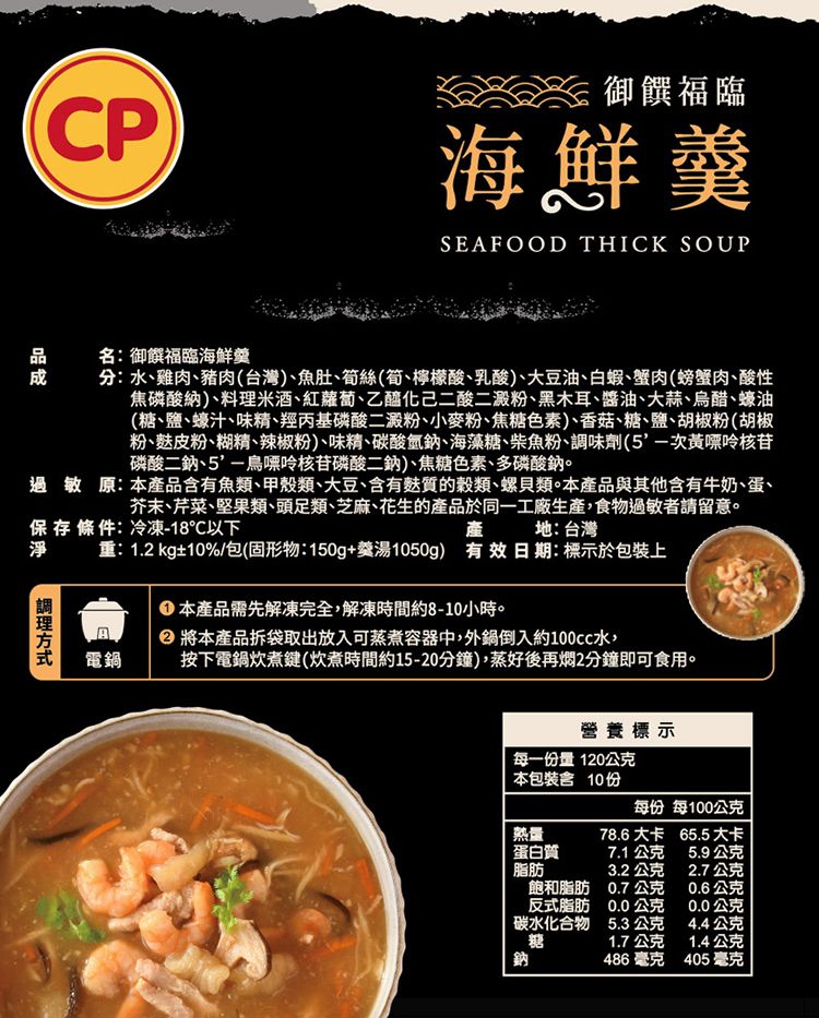 CP御饌福臨海鮮羹SEAFOOD THICK SOUP名:御福臨海鮮羹分:水、雞肉、豬肉(台灣)、魚肚、筍絲(筍、檸檬酸、乳酸)、大豆油、白蝦、蟹肉(螃蟹肉、酸性焦磷酸納)、料理米酒、紅蘿蔔、乙醯化己二酸二澱粉、黑木耳、醬油、大蒜、烏醋、蠔油(糖、鹽、蠔汁、味精、羥丙基磷酸二澱粉、小麥粉、焦糖色素)、香菇、糖、鹽、胡椒粉(胡椒粉、皮粉、糊精、辣椒粉)、味精、碳酸氫鈉、海藻糖、柴魚粉、調味劑(次核苷磷酸二鈉、5-鳥嘌呤核苷磷酸二鈉)、焦糖色素、多磷酸鈉。過敏原:本產品含有魚類、甲殼類、大豆、含有麩質的穀類、螺貝類。本產品與其他含有牛奶、蛋、芥末、芹菜、堅果類、頭足類、芝麻、花生的產品於同一工廠生產食物過敏者請留意。保存條件:冷凍-18℃以下淨產地:台灣kg±10%/包(固形物:150g+羹湯1050g) 有效日期:標示於包裝上重:1.2方式電鍋本產品需先解凍完全,解凍時間約8-10小時。 將本產品拆袋取出放入可蒸煮容器中,外鍋倒入約100cc水,按下電鍋炊煮鍵(炊煮時間約15-20分鐘),蒸好後再燜2分鐘即可食用。營養標示每一份量 120公克本包裝含10份每份 每100公克熱量78.6大卡 65.5 大卡蛋白質7.1公克5.9公克脂肪3.2公克2.7公克飽和脂肪0.7公克0.6公克反式脂肪0.0 公克0.0公克碳水化合物5.3公克4.4公克糖1.7公克1.4公克鈉486毫克405 毫克