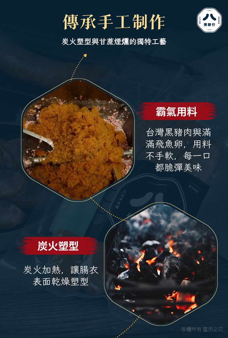 傳承手工制作炭火塑型與甘蔗煙燻的獨特工藝八博勝行炭火塑型炭火加熱,讓腸衣表面乾燥塑型霸氣用料台灣黑豬肉與滿滿飛魚卵,用料不手軟,每一口都脆彈美味版權所有盜用必究