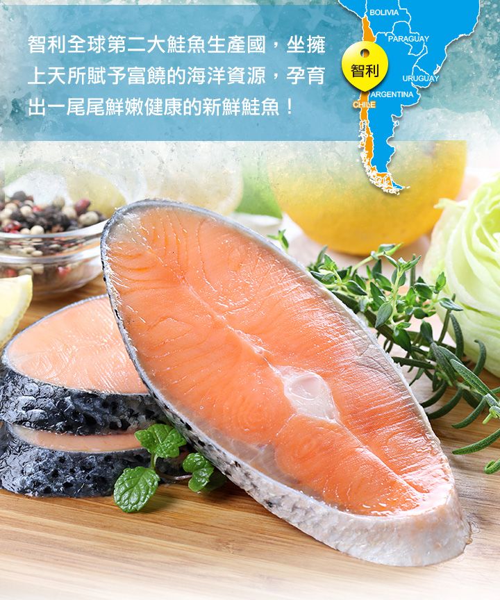 BOLIVIA智利全球第二大鮭魚生產國,坐擁上天所賦予富饒的海洋資源,孕育 智利出一尾尾鮮嫩健康的新鮮鮭魚!PARAGUAYURUGUAYARGENTINACHILE