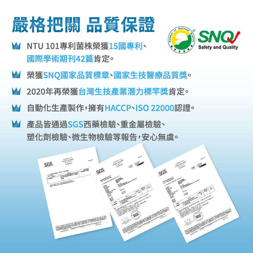 嚴格把關 品質保證NTU 01專利菌株榮獲15國專利、國際學術期刊42篇肯定。SymbolofNational榮獲SNQ國家品質標章、國家生技醫療品質獎。2020年再榮獲台灣生技產業潛力標竿獎肯定。自動化生產製作,擁有HACCP、ISO22000認證。產品皆通過SGS西藥檢驗、重金屬檢驗、塑化劑檢驗、微生物檢驗等報告,安心無虞。SGSSGS1 SGSSGSSGS®Safety and Quality