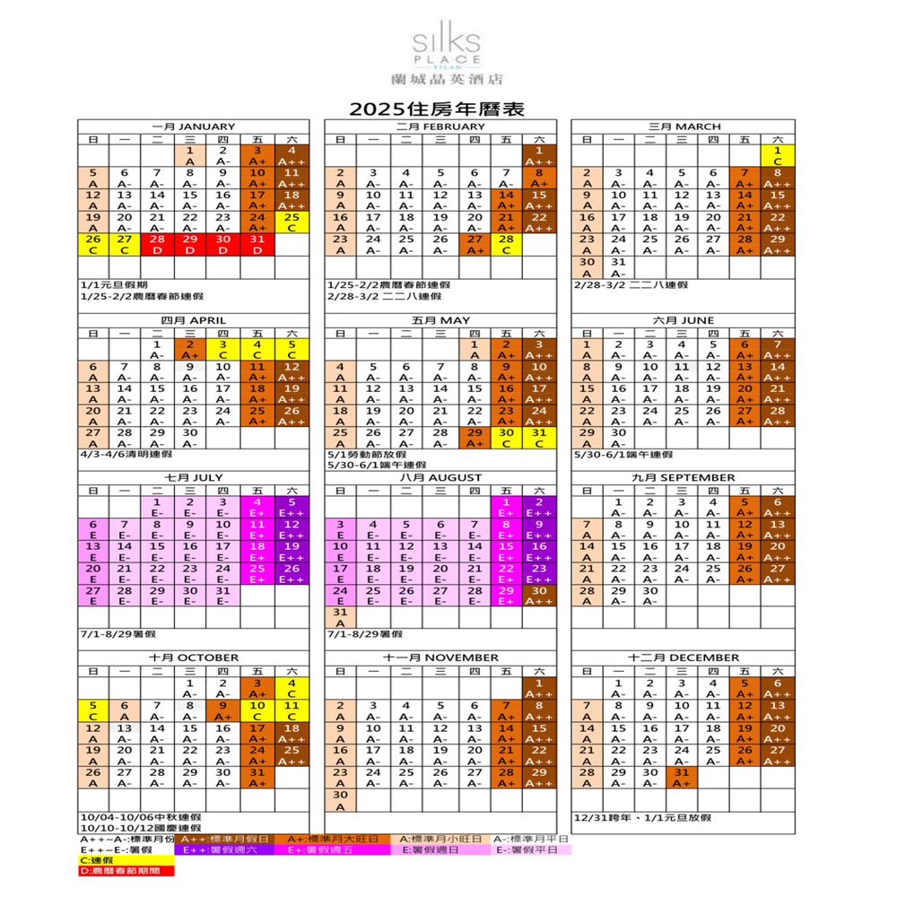 PL城英酒店202住房年曆表一月 JURYFRURY月 MRH五  五 四 五23411A679101123456782345678AAAAAAAA-A-A- A- AAA-A-A- A-A A12131415161718910111213  159101112 13 14 15A A-A-A-A-AAAA-A-A-A-A AAA- A- A-A- A A19 202122232425161718192021 2216A A-A-A-A-AAA-A-A-A-A A26 27282930312324252627 28DDDA A-A- A-A A-17 18 19A A-23 24A A- A-30 31A20 21 2225 26 27A- A- A- A A28 29A- A-A A1/1元旦假期1/25-2/2連假1/25-2/2連假2/28-3/2二二八連假2/28-3/2四月 APRIL五月MAY月 JUN - 四五-四 五 B- 四五123451A-A A67891011124567892 3A A1012345678A A- A- A-9A-A A10 11 1213 14A A-A- A-A-A AAA-A-A-A-A AAA-A-A- A-A A1314 1516171819111213141516 17151617 18 1920 21A A- A-A-A-A AAA-A-A-A-A AAA-A-A-A-A A27 28A20 21 22A A- A- A-29 3023242526181920212223242223 24252627 28A- A AAA-A-A-A-A AAA- A-A-A- A A252627282930312930A- A- A-AA- A- A- AAA-4/3-4/6連假5/1勞動節放假5/30-6/1端午連假5/30-6/1端午連假七月JULY八月 AUGUST九月 SPTEMBERB-E四五B-四五  - 三 四 五 A1234512  E-EEE+ E6789101112345678971A- A-823 4A- A-9 10 1156A+ A12 13EE-E-E-E- E+ EEE-E-E-E-E+ EAA-A-A- A-A+ A131415 161718191011121314 15 1614151617 1819 20EE-E-E-E-E+ EEE-E-E-E-E+ EAA-A-A- A-A+ A20212223 24EE-E-E-E-25E+26171819EEE-E-272829 30 3124 2526EE-E-E- E-EE- E- E-202122 23212223 24 2526 27E-E-E+ EAA-A-A- A-A+ A272829302829 30E-E+ AAA- A-31A7/1-8/297/1-8/29暑假十月 OTOBER -=E四五 -十一月 NOVEMBER- E 四 五 12341A- A- A+56A8A-12 13 14 15A A- A- A-19 20 21 22A A- A- A-26 27 28 29A A- A- A-710A-9A+ C1617A- A+ A23 24A- A+ A11C182530 31A- A+23496A- A- A- A-10 11 125A- A- A-16172319A78A+ A14 15A+ A182021 22A- A- A- A- A+ A24 25 26 27 28 29A- A- A- A- A+ A7A1314A-A21A28A3010/04-10/06中秋連假10/10-10/12國慶連假AA-標準月份A標準月假日E E-C連假D:農曆春節E:暑假週六A+標準月大旺日+假週五A:標準月小旺日 A-標準月平日E:暑假週日E-:暑假平日-  +    N་ 十二月 DECEMBER= E 四 五 六2A-A-9 10A-A- A-3 4A- A-11A-56A+ A12 13A+ A1516171819 20A-A-A- A-A+ A++22 23 24 252627A-A- A- A- A+ A++2930 31A- A- A+12/31跨年、1/1元旦放假