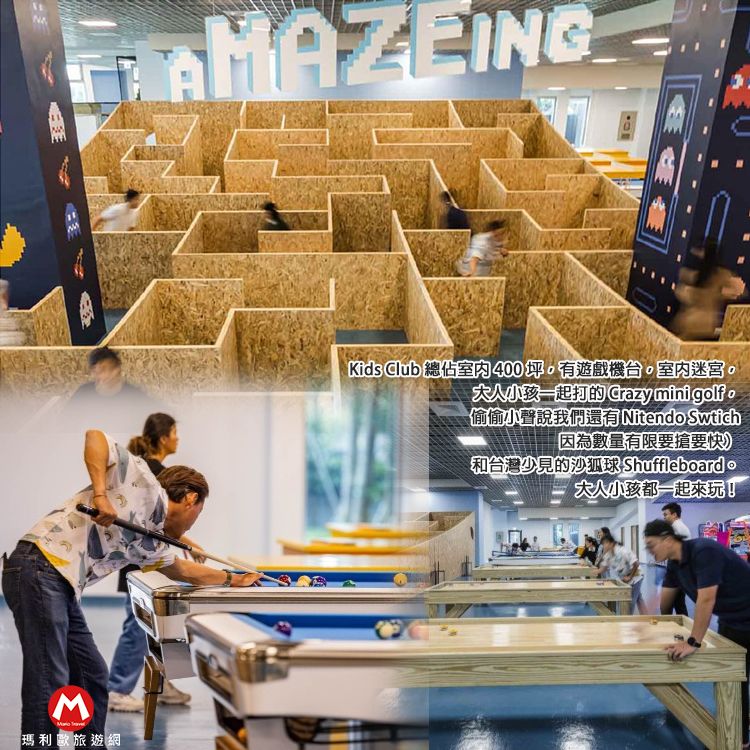 M 瑪利歐旅遊網MAZEING Kids Club 總 400坪有遊戲機台室內迷宮,小孩一起打的 Crazy mini golfo偷偷小聲說我們還有 Nitendo 「因為數量有限要搶要快和台灣少見的沙狐球-Shuffleboardo大人小孩都一起來玩!