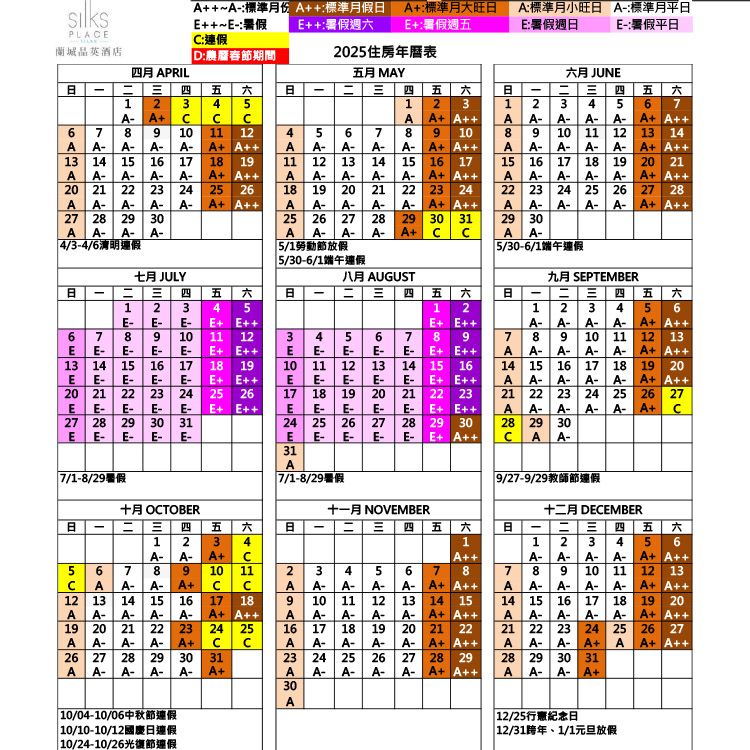 PL英酒店AEE週標準月大旺E:暑假週A:標準月小旺 :標準月平E:暑假週E:暑假平:連假:農春節期間四月 APRIL日  四123 A627710AA A AA13 14 16 17A-20 21A-A-A-23  25 2612A18 1911A AA-A-A-28 30A-4/3-4/6連假七月 JULYA- A-A- A A41825A2025住房年曆表五月 MAY 四 五1 2 3A A5 6 7 8 9 10A- A- A- A- A A14 15 16 17A- A A12 13A-A- A-19 20 21 22 23 24A- A- A-26 27A- A A28 29 30 31A- A- A-A  月 JUNE日- 四 五 六1 2 3 4 56 7A-A-A-A-A A8 9 10 11 12 13 14A- A- A- A-A A1920 21A A15 16 17 18A- A- A- A-22 23 24 25 26 27 28A-A- A- A- A A29 30A- 5/30-6/1連假九月 SEPTEMER 5/1勞動節放假 5/30-6/1端午連假八月 AUGUSTΠ-E-13 14 1520 21E-1E-7 8E-E- E-E-27 28 29 30 31E- E- E-2E-916E-四3 4五 5日 - = = 四E- E E1011 12E- E- E E17 18 1923 24 25E- E E26E- E- E EE-341017E- E- E-11E-E-1824 25 26 27 285 612 13 14E-19 20 21E- E- E- E- E E7E-E-五815 22  29A2E E日- 24 五 12 3 4 5 6A-A-A-A-A A9789101112 13E EA A-A-A- AA+ A1614151617 1819 20E+ EA A- A-A-AA+ A232122 2324 2526 27A A- A- A- A- A+ 3028 29 30E- E- E- E- E+ A A A-317/1-8/29十月 OTOER7/1-8/29暑假十一月 NOVEMBERB-1A- A-5 6 7 8A A- A-12 13 14 15A-A- A- A-19 2021 22A-A- A- A+26 27 28 29A-A- A- A-四五六日-E 四五五AB-3 4A+1A 9/27-9/29教師節連假十二月 DEEMBER1 2 3 4 5 6四 五 A-A-A-A- A+ A10 11A+C C17 18A+ A24 25C C31A+23 4A- A- A-910 11 12A- A- A-16 17 18 19A-A- A-23A- A- A-24 25 26 27 28 295 6 7 8A- A+ A13 14 15A- A+ AA-20 21 22A+ AA- A+ A7891011 12 13A- A- A-A-A+ A++14 15 16 17 18A-A- A- A19 20A+ A++2122 23 24 25A- A- A+ A26 27A+ A++28 29 30 31A- A- A+3010/04-10/06中秋節連假10/10-10/12國慶日連假 10/24-10/26光復節連假12/25行紀念日12/31、1/1元旦放假