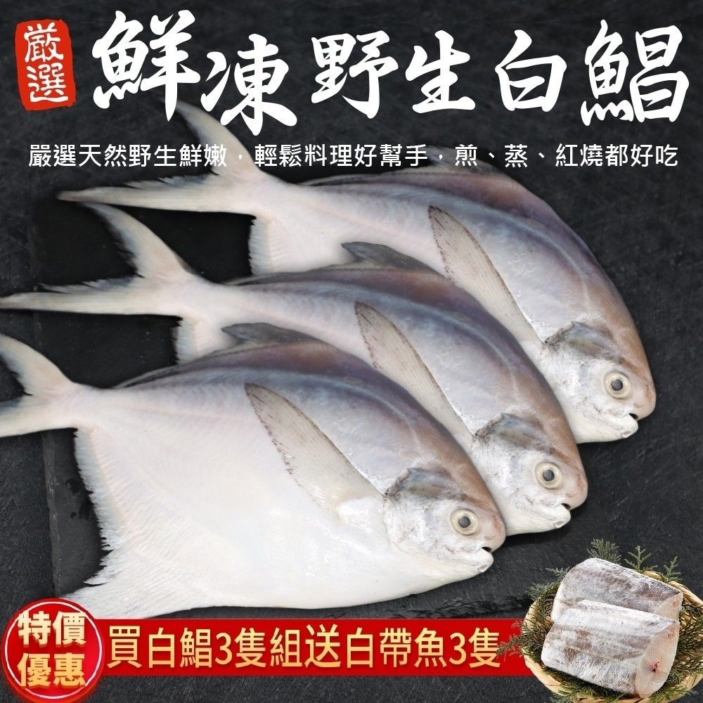 三頓飯 送白帶魚鮮嫩野生白鯧魚(3尾組_220-280g/尾)