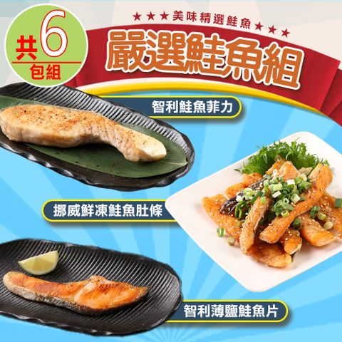 【愛上海鮮】嚴選鮭魚6包組(薄鹽鮭魚片x2+鮭魚菲力x2+鮭魚肚條x2)