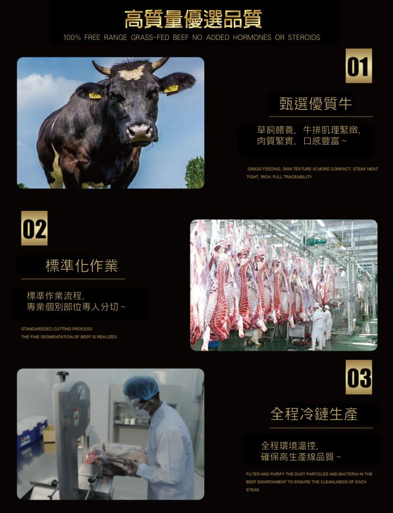 高質量優選品質100% FREE RANGE GRASS-FED BEEF NO ADDED HORMONES OR STEROIDS0102標準化作業標準作業流程專業個別部位專人分切~STANDARDIZED CUTTING PROCESSTHE FINE SEGMENTATION OF BEEF  REALIZED甄選優質牛草飼餵養牛排肌理緊緻肉質緊實,口感豐富~GRASS FEEDING, SKIN TEXTURE IS MORE COMPACT, STEAK MEATTIGHT, RICH, FULL TRACEABILITY03全程冷鏈生產全程環境溫控,確保高生產線品質~FILTER AND PURIFY THE  PARTICLES AND BACTERIA IN THEBEEF ENVIRONMENT TO ENSURE THE CLEANLINESS OF EACHSTEAK