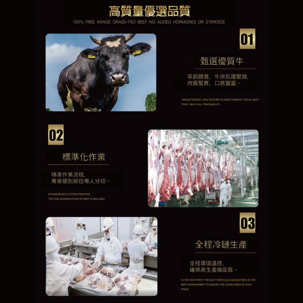 高質量優選品質100% FREE RANGE GRASS-FED  NO ADDED HORMONES OR STEROIDS0102標準化作業標準作業流程專業個別部位專人分切~STANDARDIZED CUTTING THE FINE SEGMENTATION OF BEEF  REALIZED甄選優質草飼餵養牛排肌理緊緻肉質緊實,口感豐富~GRASS FEEDING SON TEXTURE IS MORE COMPACT, STEAK MEATTIGHT, , FULL TRACEABILITY03全程冷鏈生產全程環境溫控,確保高生產線品質~FILTER AND  THE DUST PARTICLES AND BACTERIA IN THEBEEF  TO ENSURE THE CLEANLINESS OF EACHSTEAK