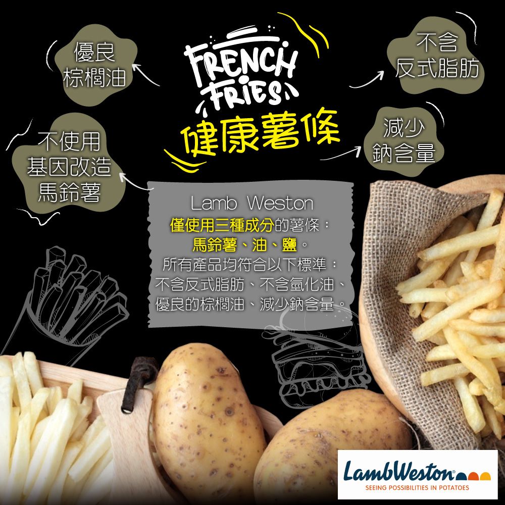 優良棕櫚油不使用基因改造馬鈴薯FRENCHFRIES健康薯條Lamb Weston僅使用三種成分的薯條:馬鈴薯、油、鹽。所有產品均符合以下標準:不含反式脂肪、不含氫化油優良的棕櫚油、減少鈉含量不含反式脂肪減少鈉含量LambWestonSEEING POSSIBILITIES IN POTATOES