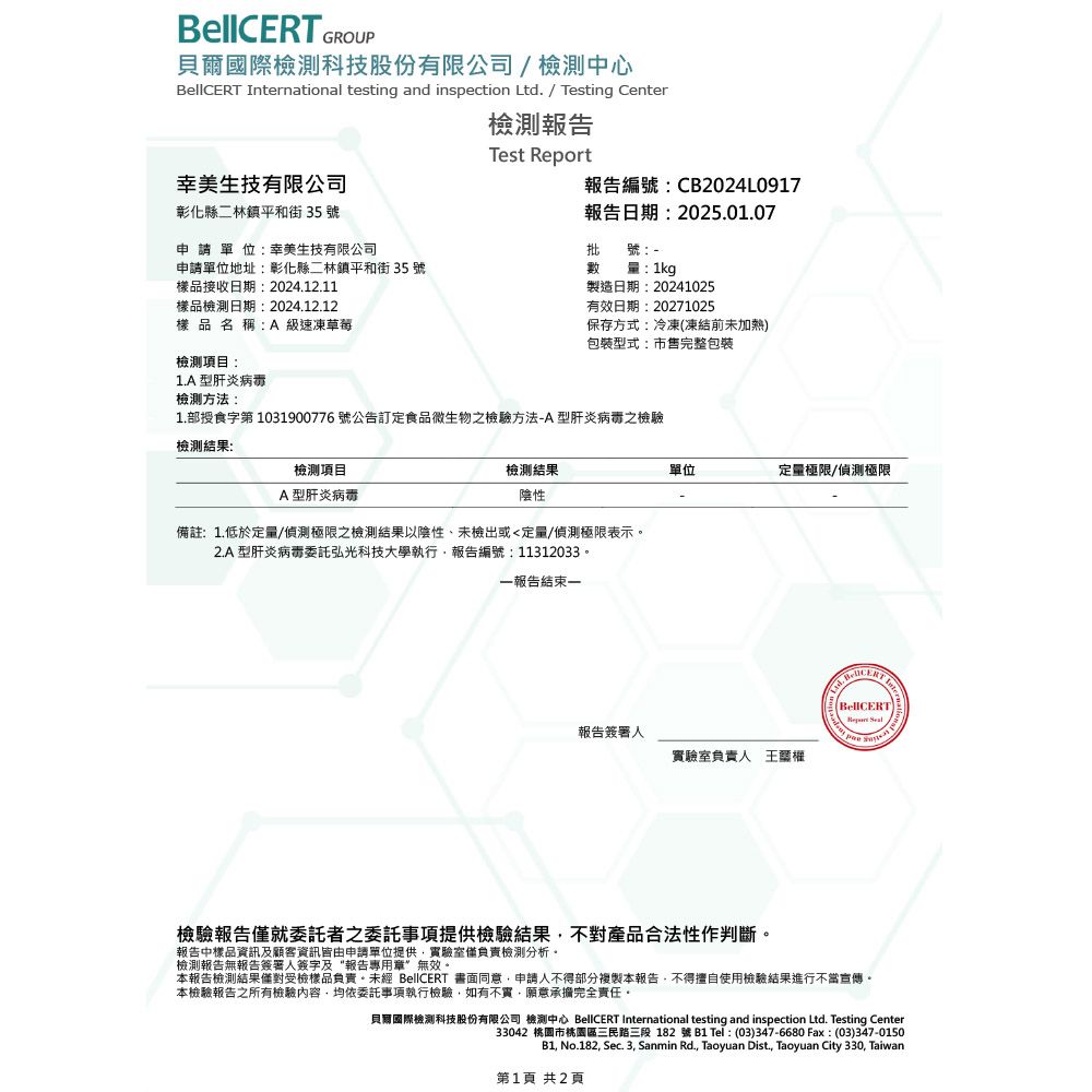 GROUP貝爾國際檢測科技股份有限公司 / 檢測中心 national testing and inspection Ltd. / Testing Center檢測報告Test Report生技有限公司彰化縣二林鎮平和街 35 號申請單位:幸美生技有限公司報告編號:CB2024L0917報告日期:2025.01.07批號:申請單位地址:彰化縣二林鎮平和街35號樣品接收日期:2024.12.11樣品檢測日期:2024.12.12樣品名稱:A 級速凍草莓數量:1kg製造日期:20241025有效日期:20271025保存方式:冷凍凍結前未加熱檢測項目:1.A 型肝炎病毒檢測方法:包裝型式:市售完整包裝1.部授食字第 1031900776 號公告訂定食品微生物之檢驗方法-A型肝炎病毒之檢驗檢測結果:檢測項目A型肝炎病毒檢測結果陰性備註:1.低於定量/偵測極限之檢測結果以陰性、未檢出或定量/偵測極限表示。2.A型肝炎病毒委託弘光科技大學執行報告編號:11312033。一報告結束一單位定量極限/偵測極限報告簽署人實驗室負責人 Inter()檢驗報告僅就委託者之委託事項提供檢驗結果不對產品合法性作判斷。報告中樣品資訊及顧客資訊皆由申請單位提供實驗室僅負責檢測分析。檢測報告無報告簽署人簽字及“報告專用章無效。本報告檢測結果僅對受檢樣品負責。未經  書面同意申請人不得部分複製本報告,不得擅自使用檢驗結果進行不當宣傳。本檢驗報告之所有檢驗,均依委託事項執行檢驗,如有不實,願意承擔完全責任。貝爾國際檢測科技股份有限公司 檢測中心 BellCERT International testing and inspection Ltd. Testing Center33042 桃園市桃園區三民路三段182號B1 Tel: (03)347-6680 Fax:(03)347-0150B1, No.182, Sec. 3, Sanmin Rd., Taoyuan Dist., Taoyuan City 330, Taiwan第1頁 共2頁