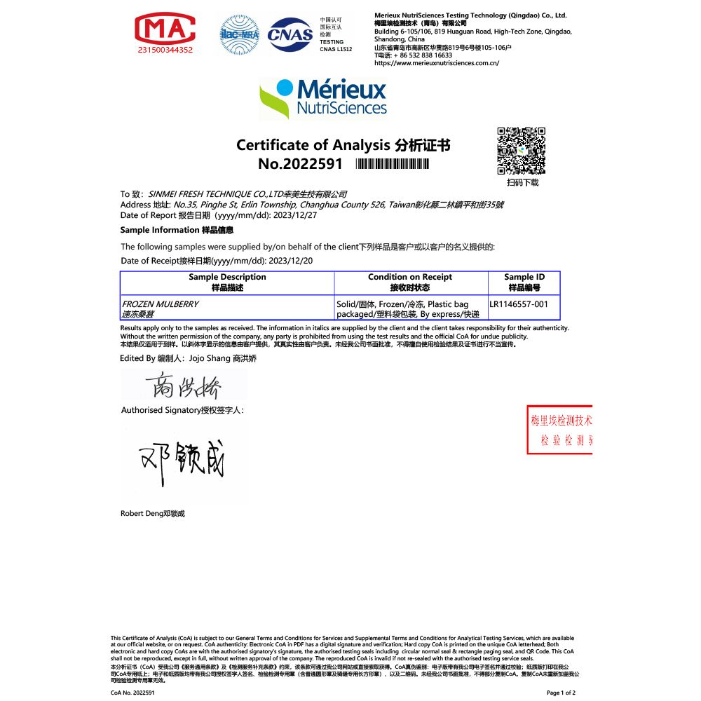 MA认可国际互认MRA CNAS 231500344352TESTINGCNAS L1512Merieux NutriSciences Testing Technology (Qingdao) Co Ltd梅技术(青岛)有限公Building 6-105/106 819 Huaguan Road High-Tech Zone Qingdao,Shandong, China山东省青岛市高新区路819号6号楼105-106户T电话:+8653283816633https://wwwmerieuxnutrisciencescomcn/MérieuxNutriSciencesCertificate of Analysis 分析证书No2022591 To 致:SINMEI FRESH TECHNIQUE CO.,LTD幸美生技有限公Address 地址:No.35, Pinghe St, Erlin Township, Changhua County 526, Taiwan彰化縣二林鎮平和街35號Date of Report 报告日期(yyyy/mm/dd): 2023/12/27Sample Information 样品信息The following samples were supplied by/on behalf of the client下列样品是客户以客户的名义提供的:Date of Receipt接样日期(yyyy/mm/dd):2023/12/20Sample Description样品描述FROZEN MULBERRY速冻甚Condition on Receipt接收时状态 Solid/固体, Frozen/冷冻 Plastic bag扫码下载Sample ID样品编号 LR1146557-001 packaged/塑料袋包装, By express/快递Results apply only to the samples as received. The information in italics are supplied by the client and the client takes responsibility for their authenticity.Without the written permission of the company, any party is prohibited from using the test results and the official  for undue publicity.本结果仅适用于到样以斜体字显示的信息由客户提供,其真实性由客户负责未经公司书面批准,不得擅自使用结果及证书进行不当宣传。Edited By 编制人: Jojo Shang 商娇商洪桥Authorised Signatory授权签字人:邓锁成里埃检测技术Robert Deng邓锁成This Certificate of Analysis () is subject to our General Terms and Conditions for Services and Supplemental Terms and Conditions for Analytical Testing Services, which are availableat our official website, or on request.  authenticity. Electronic  in PDF has a digital signature and verification Hard copy  is printed on the unique  letterhead Bothelectronic and hard copy  are with the authorised signatorys signature, the authorised testing seals including circular normal seal & rectangle paging seal, and  Code. This shall not be reproduced, except in , without written approval of the company. The reproduced  is invalid if not re-sealed with the authorised testing service seals.本分析证书()受公司《服务通用条款》及《检测服务补充条款》约束。该条款可通过我公司网站或直接获得鉴别:电子带有我公司电子签名并通过校验;纸质打印在我公司专用纸上;电子和纸质版均带有我公司授权签字人签名检验检测(含普通圆形及骑专用长方形)、以及二维码。未经我公司书面批准,不得部分。未加我公司检验检测专用。CoA No. 2022591Page 1 of 2