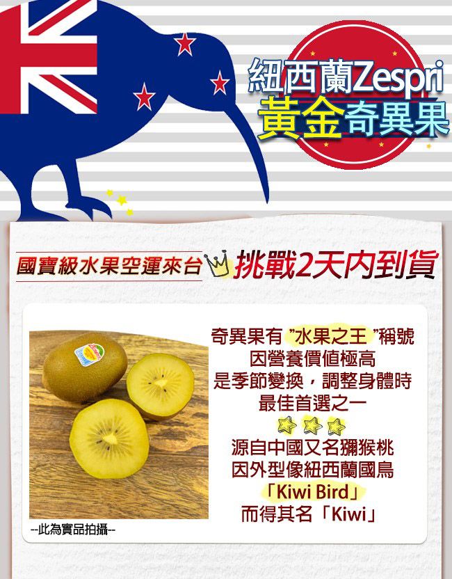 ☆ 紐西蘭黃金奇異果國寶級水果空運來台 挑戰2天內到貨奇異果有水果之王”稱號因營養價值極高是季節變換調整身體時最佳首選之一源自中國又名獼猴桃因外型像紐西蘭國鳥「Kiwi Bird」而得其名「Kiwi」此為實品拍攝