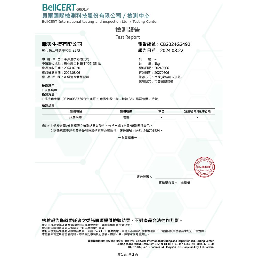GROUP貝爾國際檢測科技股份有限公司 檢測中心 rnational testing and inspection Ltd / Testing Center南美生技有限公司彰化縣二林鎮平和街35號申請單位幸美生技有限公司檢測報告Test Report報告編號:CB2024G2492批號:申請單位地址:彰化縣二林鎮平和街 35 號樣品接收日期:2024.07.30樣品檢測日期:2024.08.06樣品名稱:A級速凍栽種藍莓檢測項目:1.諾羅病毒報告日期:2024.08.22數量:1kg製造日期:20240506有效日期:20270506保存方式:冷凍(凍結前未加熱)包裝型式:市售完整包裝檢測方法:1.部授食字第1031900867號公告修正:食品中微生物之檢驗方法-諾羅病毒之檢驗檢測結果:檢測項目諾羅病毒檢測結果陰性單位定量極限/偵測極限備註:1.低於定量/偵測極限之檢測結果以陰性、未檢出或定量/偵測極限表示2.諾羅病毒委託台美檢驗科技股份有限公司執行報告編號:M61-240701524。報告結束一報告簽署人實驗室負責人王. ) Inte檢驗報告僅就委託者之委託事項提供檢驗結果不對產品合法性作判斷。報告中樣品資訊及顧客資訊皆由申請單位提供實驗室僅負責檢測分析。檢測報告無報告簽署人簽字及“報告專用章”無效。本報告檢測結果僅對受檢樣品負責未經 BellCERT 書面同意申請人不得部分複製本報告不得擅自使用檢驗結果進行不當宣傳。本檢驗報告之所有檢驗內容均依委託事項執行檢驗,如有不實,願意承擔完全責任。貝爾國際檢測科技股份有限公司 檢測中心 BellCERT International testing and inspection Ltd. Testing Center33042 市桃園區三民路三段182號B1 Tel: (03)347-6680 Fax:(03)347-0150B1, No.182, Sec. 3, Sanmin Rd., Taoyuan Dist, Taoyuan City 330, Taiwan第1頁 共2頁