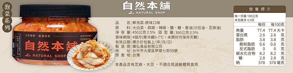 自然本舖 NATURAL SHO營養標示每一份量1公品 名  鮮泡菜原味口味原大白菜、蒜頭、辣椒、鹽、糖、香油(沙拉油、芝麻油料淨容量 450公克5% 固型量 360公克5% 賞味期限4個月(需冷藏0-7未開封可保存天)P熱量蛋白質脂肪 本包裝含 4.5份每份 每100克77.4 77.4大卡2.62.6 3.8有效日期標示於包裝上(年/月/日)製造商臻弘食品有限公司飽和脂肪0.60.6反式脂肪00|址|台中市大里區甲堤七街59號原產地|台灣碳水化合物8.28.2糖2.82.8 克本產品含有芝麻、大豆、不適合其過敏體質食用鈉578578毫克天然,自然本 NATURAL SHOPi