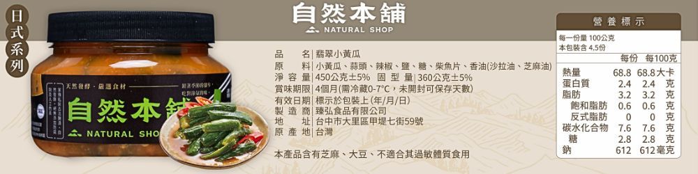 自然舖 NATURAL SHOP營養標示每一份量1公 本包裝 4.5份品名 翡翠小黃瓜每份 每100克原料小黃瓜蒜頭、辣椒、鹽、糖、柴魚片、香油(沙拉油、芝麻油淨容量 450公克5% 型量 360公克5%天然自然本鋪、 NATURAL SHO製造商臻弘食品有限公司原產地 台灣熱量蛋白質68.8 68.8大卡2.4 2.4 克賞味期限|4個月(需冷藏0-7,未開封可保存天數)有效日期| 標示於包裝上(年/月/日)址 | 台中市大里區甲堤七街59號本產品含有芝麻、大豆、不適合其過敏體質食用脂肪3.23.2 克飽和脂肪 0.60.6克反式脂肪00 克碳水化合物7.67.6克糖2.82.8克鈉612 612毫克