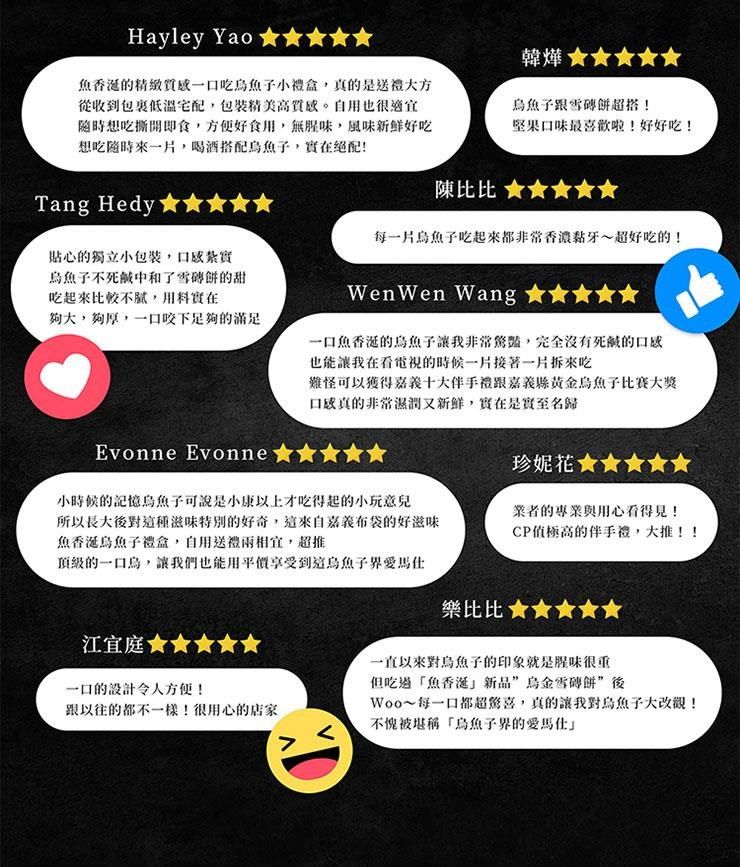 Hayley Yao魚香的一口吃小禮盒真的是送禮大方從收到包裹低溫宅配,。自用也很適宜想吃撕開即,方便好用,無腥味,風味好吃想吃一片,喝酒搭配烏魚子,實在絕配!韓烏魚子跟雪餅搭!堅果口味最喜歡啦!好好吃!Tang Hedy貼心的獨立小包裝,紮實烏魚子不死鹹中和了雪餅的甜吃起來比較不膩,用料實在夠大,夠厚,一口咬下足夠的滿足陳比比 食每一片烏魚子吃起來都非常香濃黏牙~超好吃的!Wen Wen Wang一口魚香涎的烏魚子讓我非常,完全沒有死鹹的口感也能讓我在看電視的時候一片接著一片拆難怪可以獲得十大伴手禮跟嘉義黃金烏魚子比賽大獎口感真的非常濕潤又新鮮,實在是實至名歸Evonne Evonne小時候的記憶烏魚子可說是小康以上才吃得起的小玩意兒所以長大後對這種滋味特別的好奇,這來自嘉義布袋的好滋味魚香涎烏魚子禮盒,自用送禮兩相宜,超頂級的一口,讓我們也能用平價享受到這烏魚子江宜庭一口的設計令人方便!跟以往的都不一樣!很用心的店家珍妮花食業者的專業與用心看得見!CP值極高的伴手禮,大推!!樂比比一直以來對烏魚子的印象就是腥味很重但吃過「魚香涎新品烏金雪餅後Woo~每一口都超,真的讓我對烏魚子大改觀!不愧被堪稱「烏魚子界的
