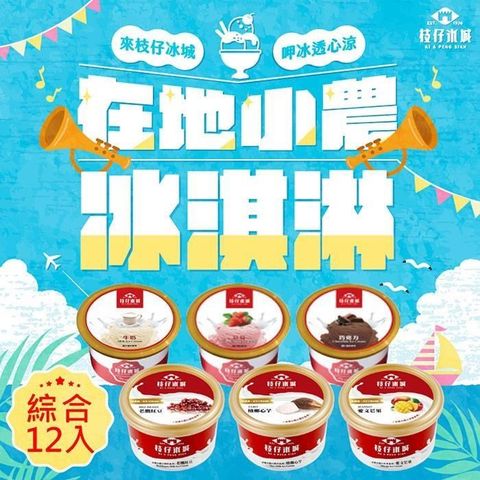百年枝仔冰城 小農經典冰淇淋綜合組12杯(芒果/牛奶/草莓/巧克力/紅豆/芋頭)
