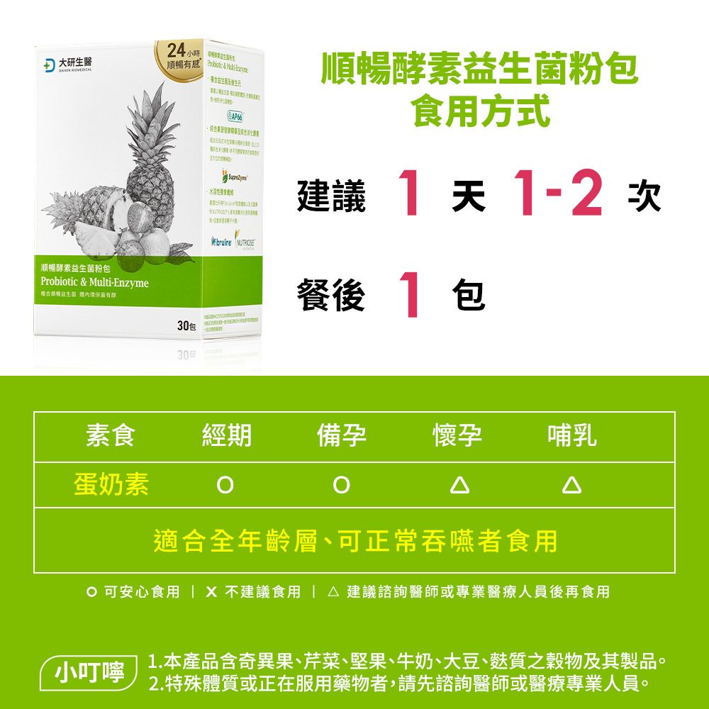 大研生醫 素粉  Multi-Enzyme複合順暢益生菌 酵24 順暢有感 Probiotic & AP 順暢酵素益生菌粉包食用方式建議  天-2次 餐後 1 包30包素食經期備孕懷孕哺乳蛋奶素ΔΔ適合全年齡層、可正常吞嚥者食用 可安心食用不建議食用建議諮詢醫師或專業醫療人員後再食用小叮嚀1.本產品含奇異果、芹菜、堅果、牛奶、大豆、麩質之穀物及其製品。2.特殊體質或正在服用藥物者,請先諮詢醫師或醫療專業人員。