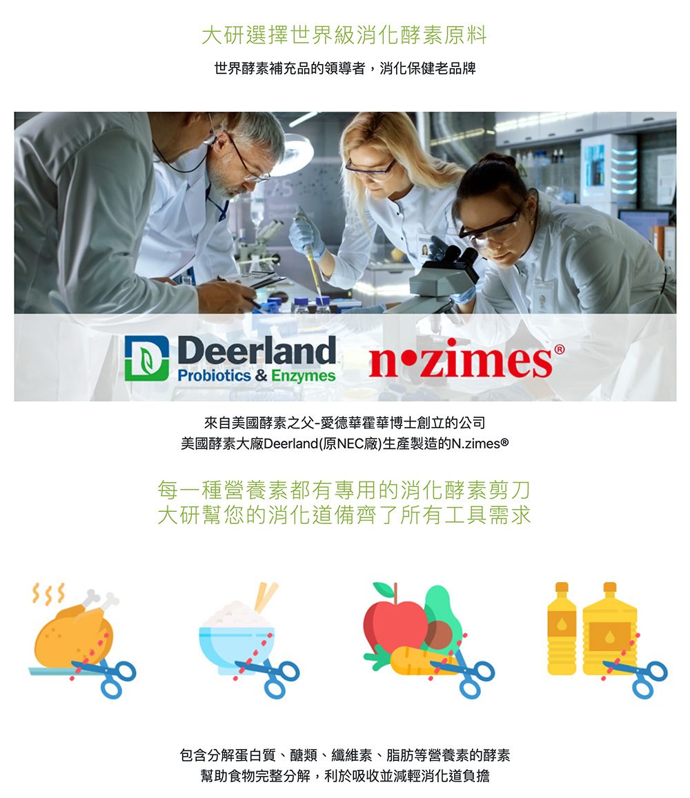 大研選擇世界級消化酵素原料世界酵素補充品的領導者,消化保健老品牌 Deerlad n zimes®Probiotics & Enzymes來自美國酵素之父-愛德華霍華博士創立的公司美國酵素大廠Deerland(原NEC廠)生產製造的N.zimes®每一種營養素都有專用的消化酵素剪刀大研幫您的消化道備齊了所有工具需求包含分解蛋白質、醣類、纖維素、脂肪等營養素的酵素幫助食物完整分解,利於吸收並減輕消化道負擔