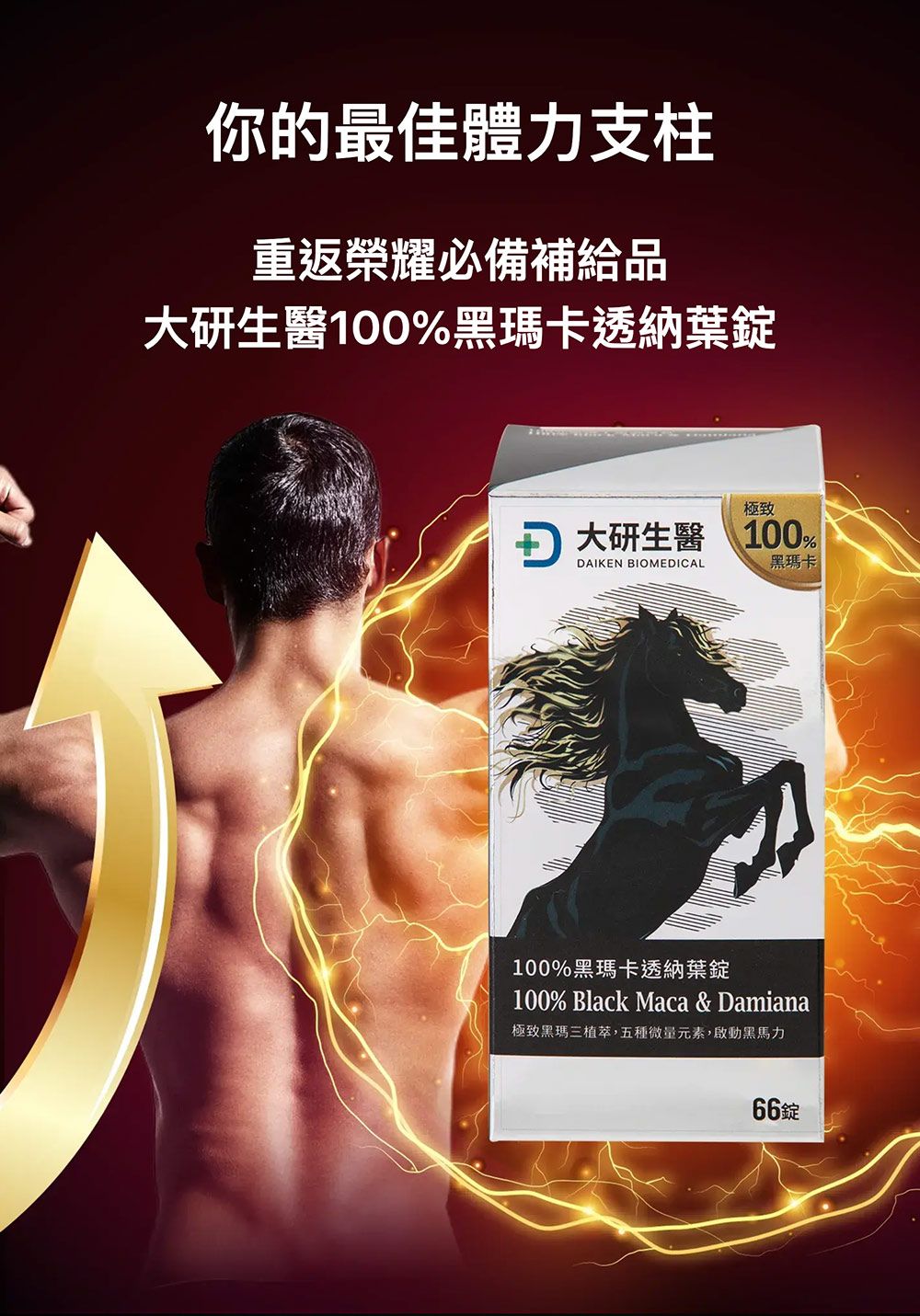 你的最佳體力支柱重返榮耀必備補給品大研生醫100%黑瑪卡透納葉極致 大研生醫 100%DAIKEN BIOMEDICAL黑瑪卡100%黑瑪卡透納葉錠100% Black Maca & Damiana極致黑瑪三植,五種微量元素,啟動黑馬力66錠
