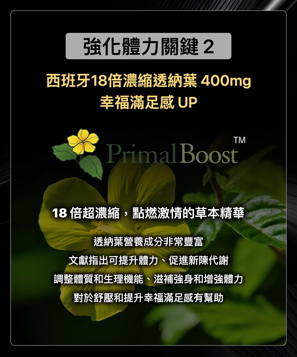 強化體力關鍵2西班牙18倍濃縮透納 400mg幸福滿足感 UPPrimal BoostTM18倍超濃縮,點燃激情的草本精華透納葉營養成分非常豐富文獻指出可提升體力、促進新陳代謝調整體質和生理機能、滋補強身和增強體力對於舒壓和提升幸福滿足感有幫助