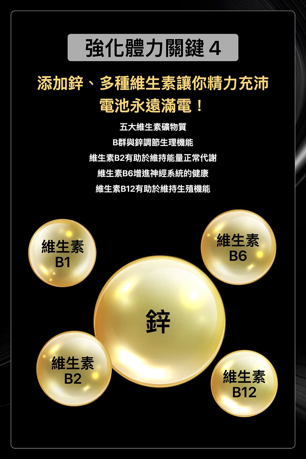 強化體力關鍵4添加鋅、多種維生素讓你精力充沛電池永遠滿電!五大維生素礦物質B群與鋅調節生理機能維生素B2有助於維持能量正常代謝維生素B6增進神經系統的健康維生素B12有助於維持生殖機能維生素B1維生素B6維生素B2鋅維生素B12