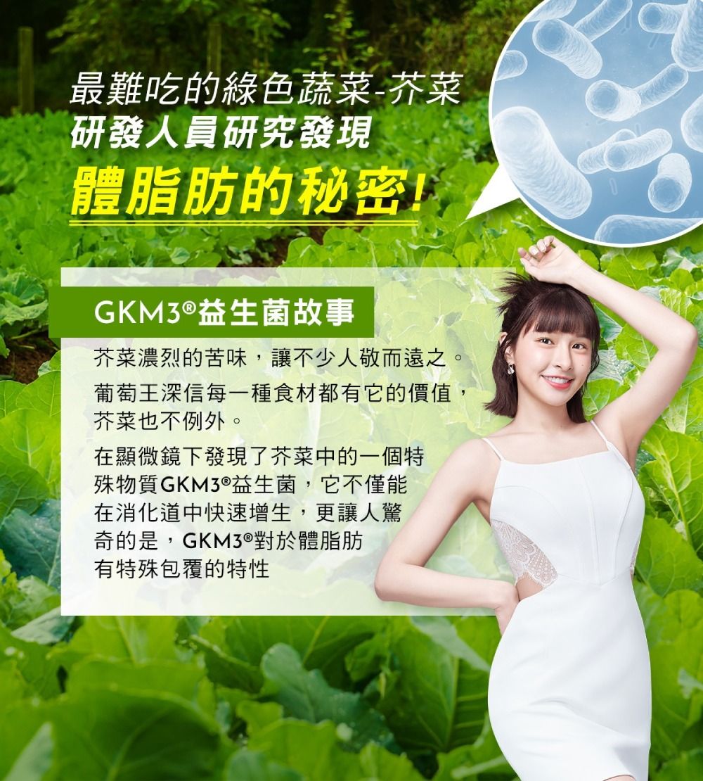 最難吃的綠色蔬菜-芥菜研發人員研究發現體脂肪的秘密!GKM3®益生菌故事芥菜濃烈的苦味讓不少人敬而遠之。葡萄王深信每一種食材都有它的價值,芥菜也不例外。在顯微鏡下發現了芥菜中的一個特殊物質GKM3®益生菌,它不僅能在消化道中快速增生,更讓人驚奇的是,GKM3®對於體脂肪有特殊包覆的特性