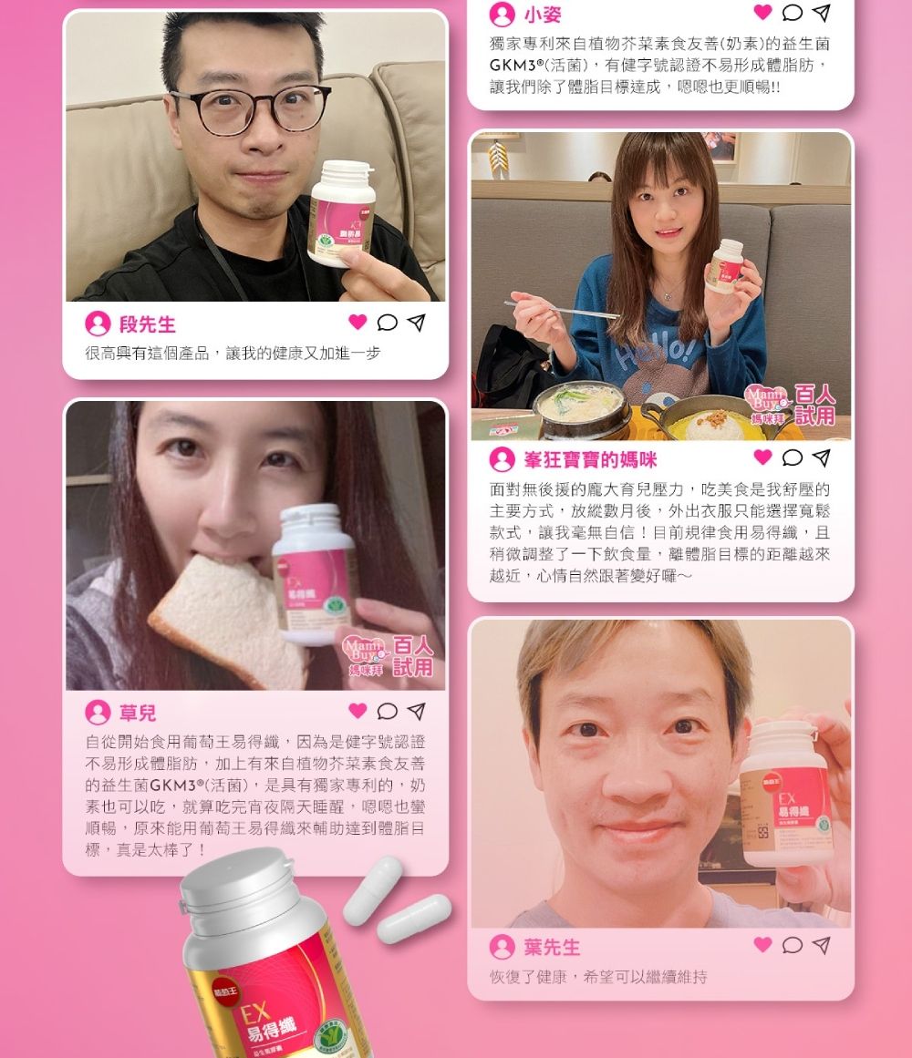 段先生很高興有這個產品,讓我的健康又加進一步百人 試 草兒自從開始食用葡萄得纖,因為是健字號認證不易形成體脂肪,加上有來自植物芥菜素食友善的益生菌GKM3®(活菌),是具有獨家專利的,奶素也可以吃,就算吃完宵夜隔天睡醒,嗯嗯也蠻順暢,原來能用葡萄王易得纖來輔助達到體脂標,真是太棒了小姿獨家專利來自植物芥菜素食友善(奶素)的益生菌GKM3®(活菌),有健字號認證不易形成體脂肪,讓我們除了體脂目標達成,嗯嗯也更順暢!!! Buy用狂寶寶的媽咪面對無後援的龐大育兒壓力,吃美食是我舒壓的主要方式,放縱數月後,外出衣服只能選擇寬鬆款式,讓我毫無自信!目前規律食用易得纖,且稍微調整了一下飲食量,離體脂目標的距離越來越近,心情自然跟著變好囉~王EX易得纖葉先生恢復了健康,希望可以繼續維持EX易得