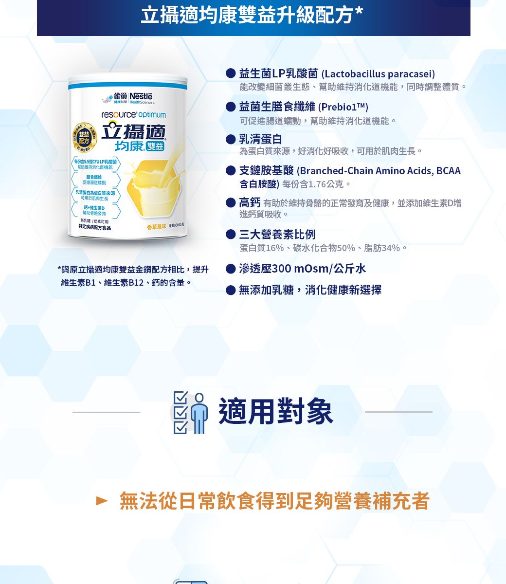 立攝適均康益升級配方*雀巢 NestléHealthScienceresource optimum雙益配方立攝適均康每份CFULP乳酸菌维持乳清蛋白來源用於肌肉生長鈣+幫助/特定疾病配方食品香草風味公克益生菌LP乳酸菌(Lactobacillus paracasei能改變細菌叢生態幫助維持機能,同時調整體質。益菌生膳食纖維(Prebiolt)可促進腸道蠕動,幫助維持消化道機能。乳清蛋白為蛋白質來源,好消化好吸收,可用於肌肉生長。支鏈胺基酸(Branched-Chain Amino Acids, BCAA含白胺酸)每份含1.76公克。高鈣 有助於維持骨骼的正常發育及健康,並添加維生素D增進鈣質吸收。三大營養素比例蛋白質16%、碳水化合物50%、脂肪34%。*與原立攝適均康雙益金鑽配方相比,提升維生素B1、維生素B12、鈣的含量。滲透壓300mOsm/公斤水無添加乳糖,消化健康新選擇適用對象 無法從日常飲食得到足夠營養補充者