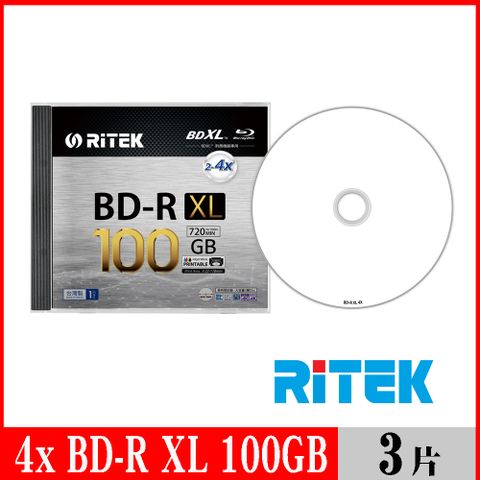 RIDATA 錸德 RITEK 4x BD-R XL 100GB 珍珠白可列印式/單片盒裝3入