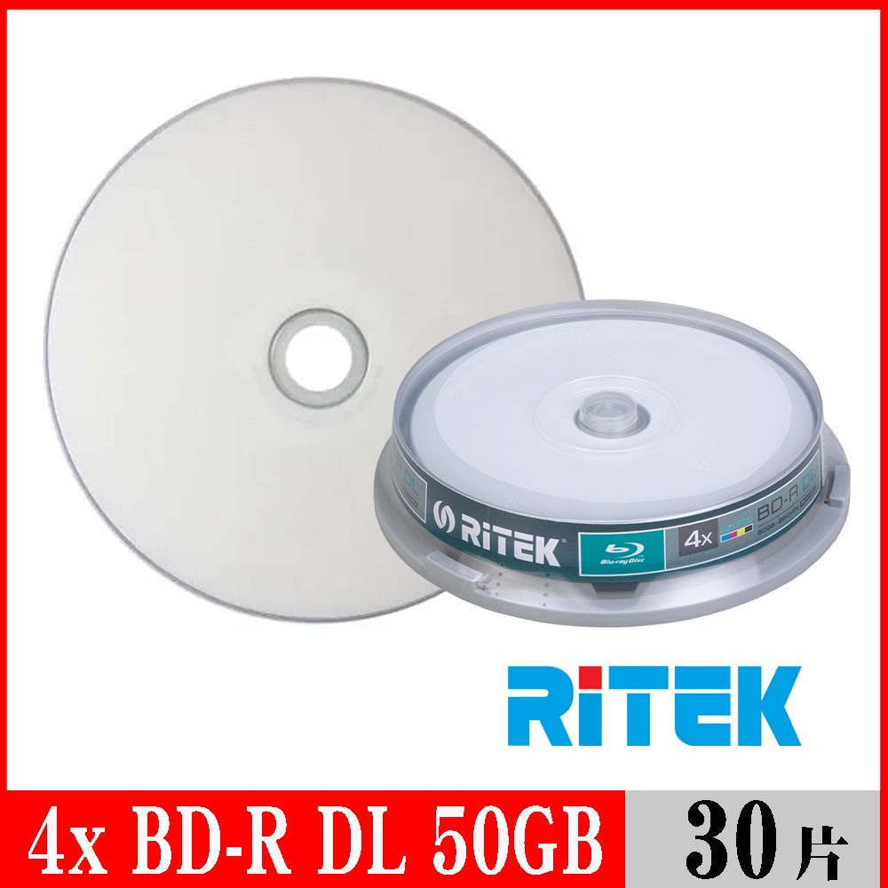 RIDATA 錸德 RITEK 4x BD-R DL 50GB 藍光片 珍珠白滿版可列印/10片布丁桶裝