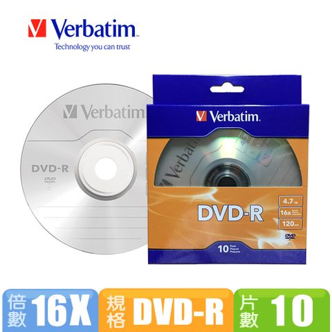 Verbatim 威寶16X DVD-R光碟片(10片盒裝)