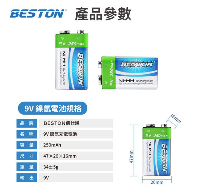 BESTON 	 9V 充電式鎳氫電池 for 9V (250mAh)