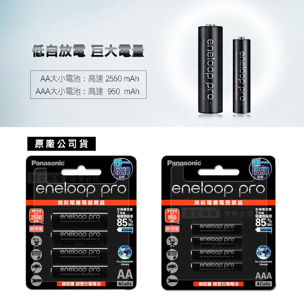 低自放 巨大電量AA大小高達 20 mAhAAA大小電池:高達 950 mAh原廠公司貨eneloop proeneloop pro牌日本eneloop proPnasonic55Panasonic品牌圖文版權侵權必日本eneloop pro高耗電量電器最適高耗電量電器最適充滿:2550eneloop pro950圖文版權侵權必究充滿電放置 eneloop pro85即可用即可用eneloop proeneloop pro eneloop pro    eneloop pro   85 a AA高容量 鎳電池 4Cells  eneloop proeneloop pro a SustainableLifestyle高容量 鎳氫充電電池AAA4Cells
