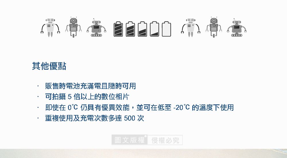 其他優點販售時電池充滿電且隨時可用可拍攝5倍以上的數位相片即使在  仍具有優異效能並可在低至-20的溫度下使用重複使用及充電次數多達 500 次圖文版權,侵權必究