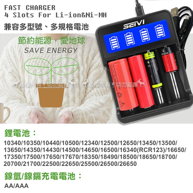 FAST CHARGER4 Slots For Li-ion&Ni-MH兼容多型號、多規格電池節約能源愛地球SAVE ENERGY版權所有切勿鋰電池:1034010350/10440/10500/12340/12500/12650/13450/13500/13650/14350/14430/14500/14650/16500/16340(RCR123)/16650/17350/17500/17650/17670/18350/18490/18500/18650/18700/20700/21700/22500/22650/25500/26500/26650鎳氫/鎳鎘充電電池:AA/AAA