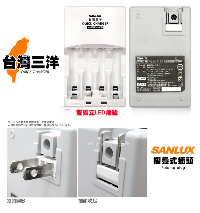 三洋QUICK CHARGER充電監視充電式SALUX台灣三洋QUICK CHARGERMHNICDCHARGE雙獨立LED燈號この製品は全体のの製造物責任保険に加入しています。一勿盜插頭開啟插頭收起SANLUX台灣切產品名稱電池N號:SYNC- - /  出:   (AA)  2(AAA)SANLUX摺疊式插頭Folding plug