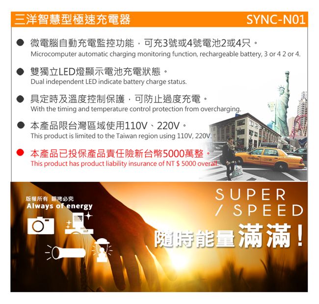 三洋智慧型極速充電器SYNC-N01微電腦自動充電監控功能,可充3號或4號電池2或4只。Microcomputer automatic charging monitoring function, rechargeable battery, 3 or 4 2 or 4雙獨立LED燈顯示電池充電狀態。Dual independent LED indicate battery charge status具定時及溫度控制保護,可防止過度充電。With the timing and temperature control protection from overcharging. 本產品限台灣區域使用110V、220V。This product is limited to the Taiwan region using 110V, 220VR本產品已投保產品責任險新台幣5000萬整。This product has product liability insurance of NT $ 5000 overall版權所有翻拷必究Always of energySUPER SPEED隨時能量滿滿!