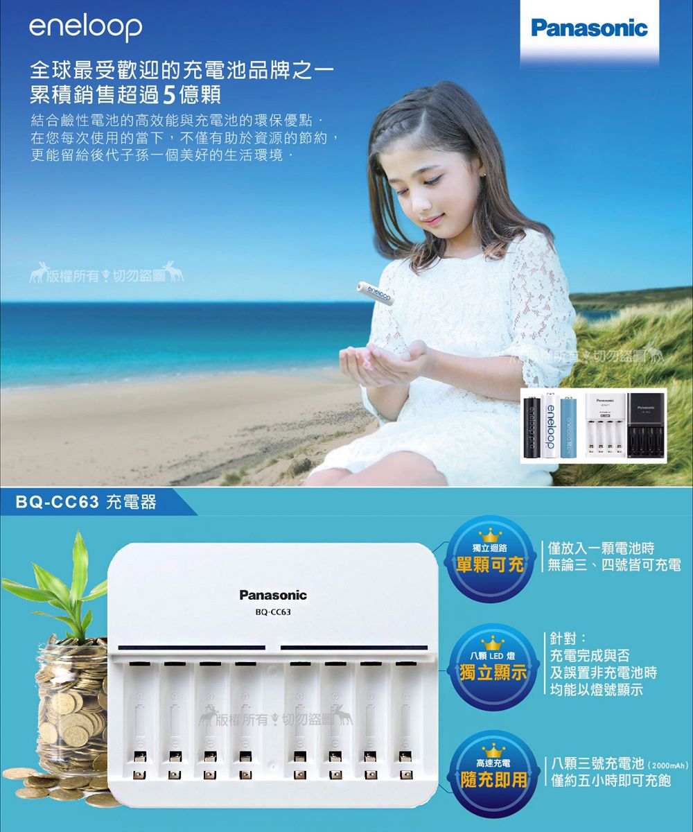 eneloop全球最受歡迎的充電池品牌之一累積銷售超過5億顆結合鹼性電池的高效能與充電池的環保優點在您每次使用的當下,不僅有助於資源的節約,更能留給後代子孫一個美好的生活環境版權所有!BQ-CC63 充電器PanasonicBQ-CC63版權所有切勿盜67eneloopPanasonic切勿盜圖獨立單顆可充僅放入一顆電池時無論三、四號皆可充電 針對:八顆 LED 燈充電完成與否獨立顯示及誤置非充電池時均能以燈號顯示高速充電八顆三號充電池(2000mAh)隨充即用僅約五小時即可充飽
