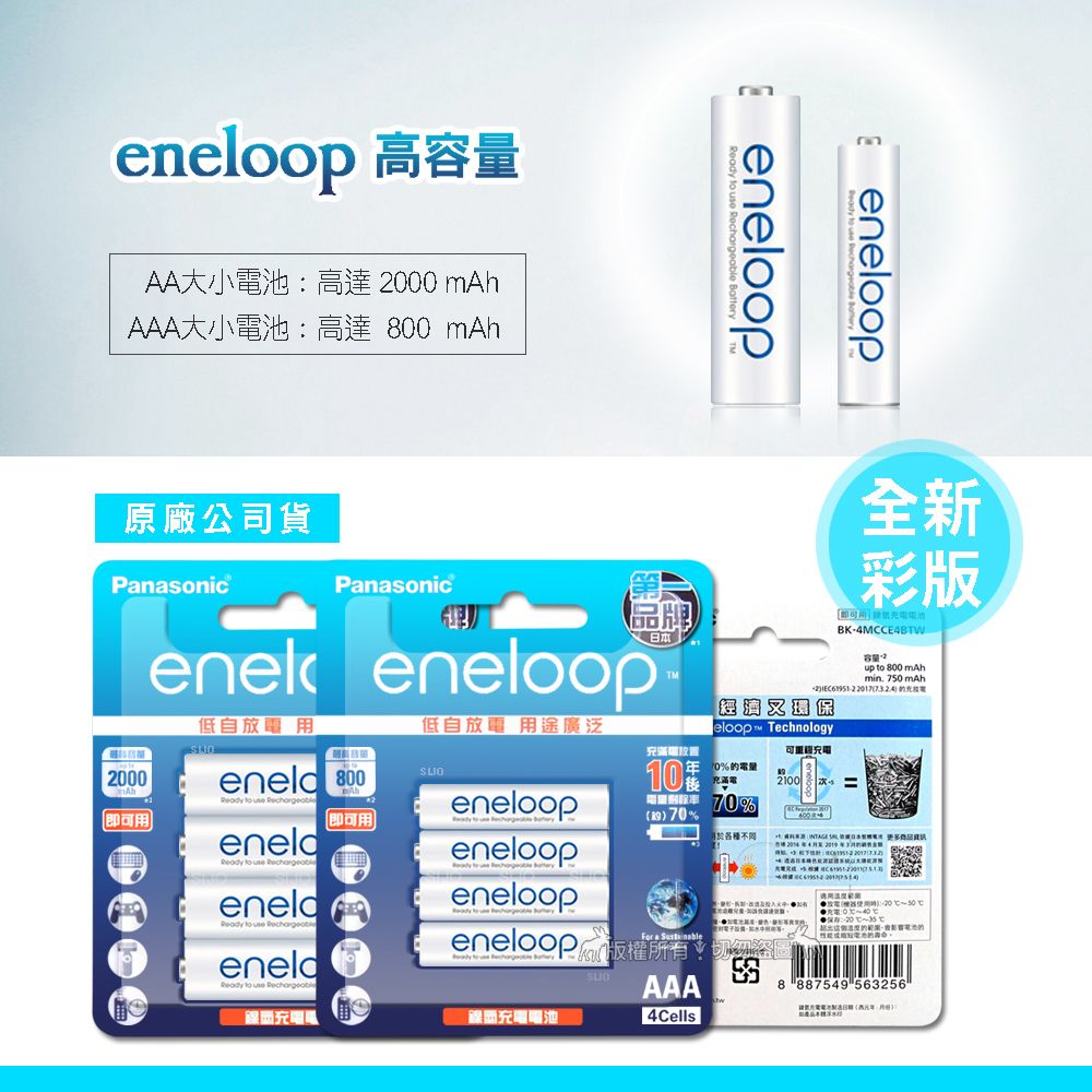 eneloop eneloopchrgeable eneloop 高容量A大小高達 0 mAAA大小電池高達  mAh原廠公司貨Panasonicenek低自用Panasonic品牌eneloopTM低自 用途廣泛全新彩版BKMCCE4BTW容量up  800 mAhmin. 750 mAh2放電eloop Technology 00eneld 800%電量充滿電2100=Ah即可用   eneld  use eneld  use eneld to use eneloop充電電池Aeneloop即可用 70%70%各種eneloop4eneloop放電():-2050充電:00~的MFor a AAA8 887549 563256 4Cells