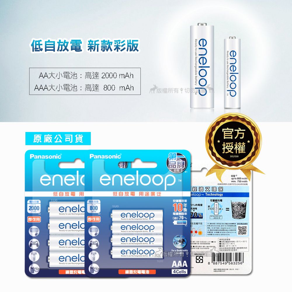 低自 新款彩版A大小高達  m eneloop AAA大小電池高達  mAh版權所有切勿eneloop原廠公司貨PnasonicPanasonic品牌enek eneloopTM官方授權202/Gup  800 mAhmin. 70 mAh eloop Technoly低自放電用低自放電 用途廣泛2000eneld 800%的電量充滿電2100=Ah即可用   eneld  use eneld  use eneld to use Rechargeable即可用Aeneloop 70%70%各種eneloop  og eneloopM a eneloop 版權所有切勿盜圖充電電池AAA4Cells放電:2050充電:008 887549 563256 5)