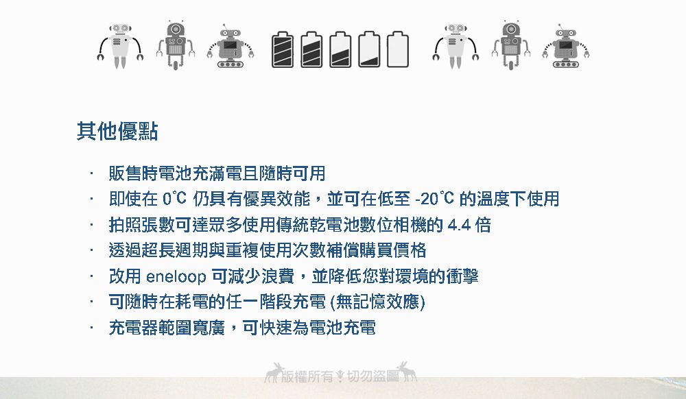 其他優點販售時電池充滿電且隨時可用即使在  仍具有優異效能,並可在低至-20的溫度下使用拍照張數可達眾多使用傳統乾電池數位相機的4.4倍透過超長週期與重複使用次數補償購買價格改用 eneloop 可減少浪費,並降低您對環境的衝擊可隨時在耗電的任一階段充電(無記憶效應)充電器範圍寬廣,可快速為電池充電切勿盜圖