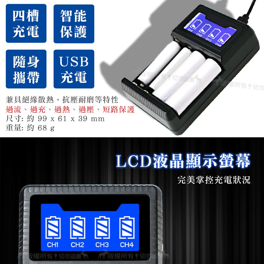 四槽智能充電保護CHI CH2CH3CH4隨身 USB攜帶 充電兼具絕緣散熱抗壓耐磨等特性過流、過充、過熱、過壓、短路保護尺寸約 99 x 61 x 39 mm重量:約68 切勿,切勿LCD液晶顯示螢幕CH1CH2CH3CH4權所有:切勿圖版權所有切勿盜完美掌控充電狀況