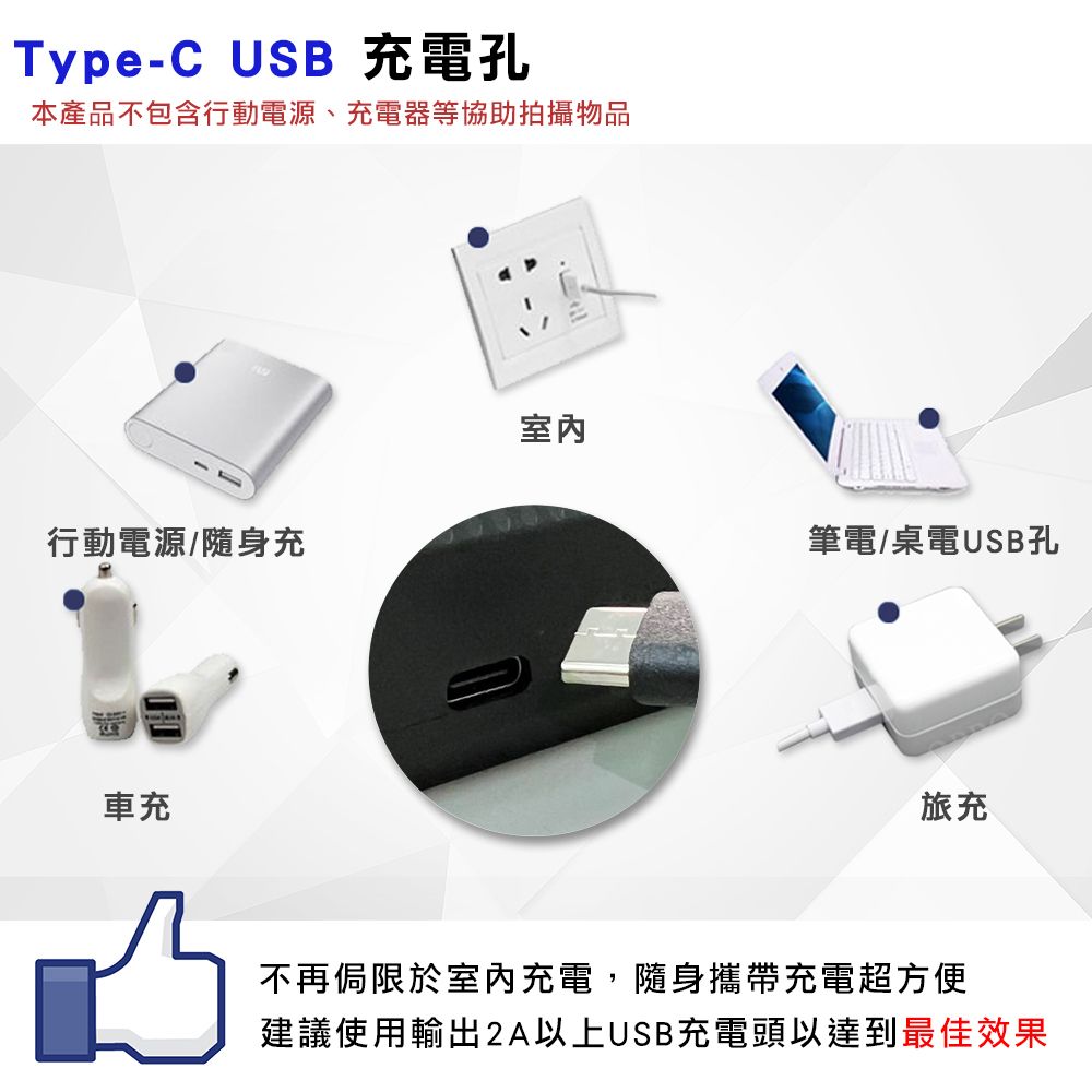 Type-C USB 充電孔本產品不包含行動電源、充電器等協助拍攝物品室內行動電源/隨身充筆電/桌電USB孔車充旅充不再侷限於室內充電,隨身攜帶充電超方便建議使用輸出2A以上USB充電頭以達到最佳效果