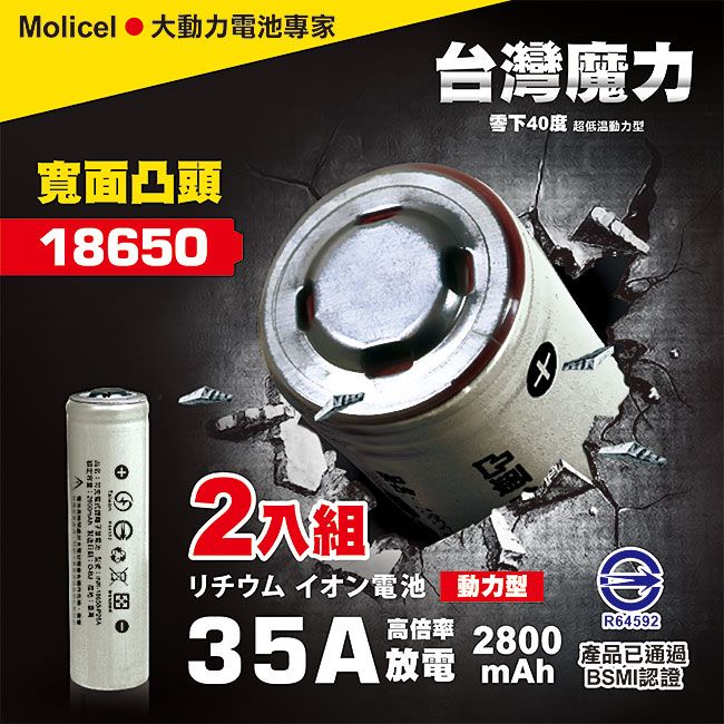 iNeno 【台灣Molicel】18650高倍率動力型鋰電池2800mAh(凸頭)2入(適用於手電筒,迷你風扇(D牌知名吸塵器指定用電池)