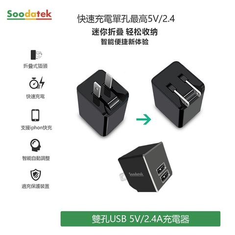 Soodatek 雙孔USB 5V/2.4A旅充/SHU2-PC524BL