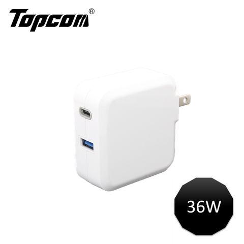 TOPCOM 適用iPhone 13最新iPad及各大廠牌手機   36W Type C PD3.0/USB QC3.0 可折疊插頭電源急快速充電器 TC-KPD36WD