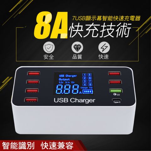 【CS22】QC3.0多功能8A液晶螢幕多孔USB Type-C快充充電器