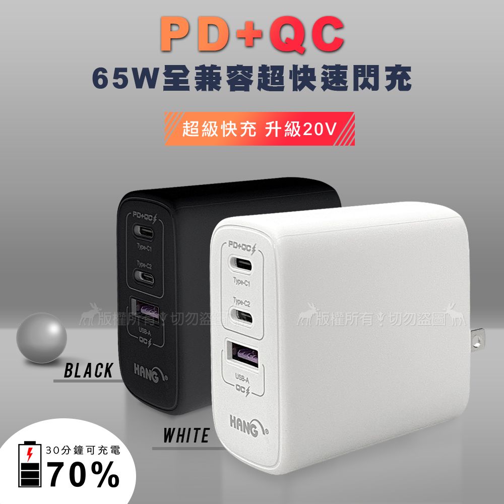 HANG 65W PD+QC全兼容超快速閃充Type-C/USB-A三孔輸出充電器- PChome